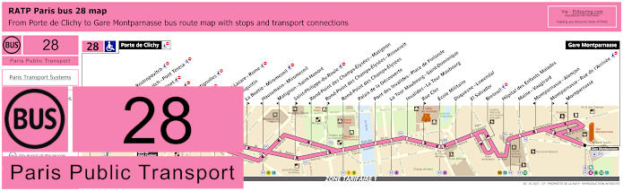 Paris bus 28 map with stops and connections