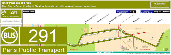 Paris bus 291 map with stops and connections