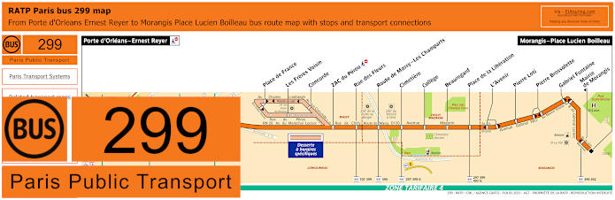 Paris bus 299 map with stops and connections