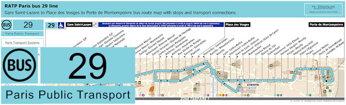 Paris bus 29 map with stops and connections