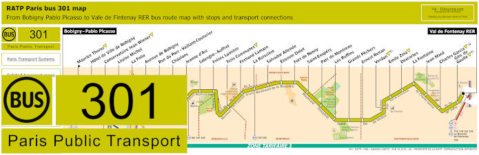 Paris bus 301 map with stops and connections