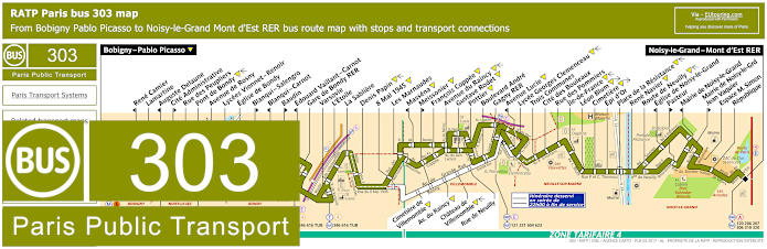 Paris bus 303 map with stops and connections