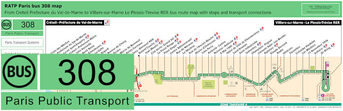 Paris bus 308 map with stops and connections