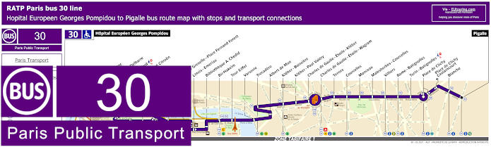 Paris bus 30 map with stops and connections