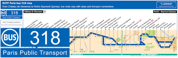 Paris bus 318 map with stops and connections