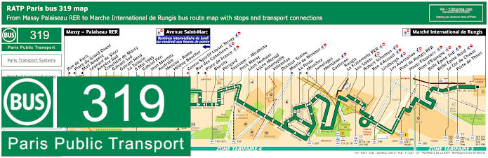 Paris bus 319 map with stops and connections