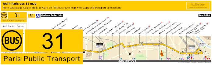 Paris bus 31 map with stops and connections