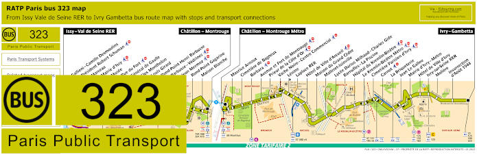 Paris bus 323 map with stops and connections