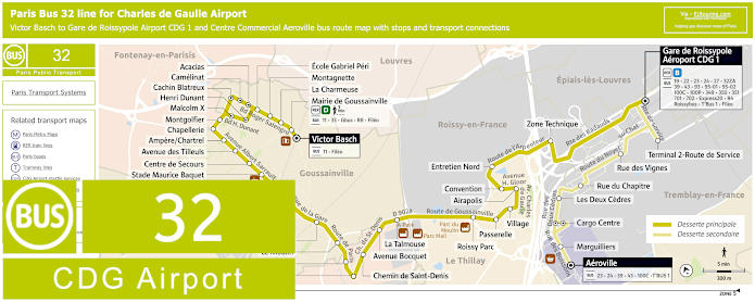 Paris Bus 32 map from CDG airport to Victor Basch