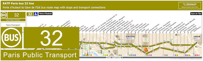 Paris bus 32 map with stops and connections