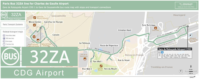 Paris Bus 32ZA map from CDG airport to Gare de Goussainville