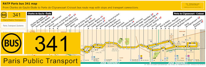 Paris bus 341 map with stops and connections