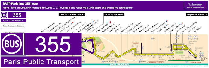 Paris bus 355 map with stops and connections