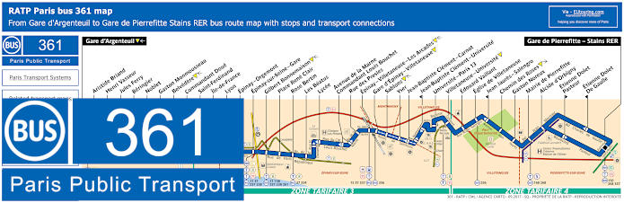 Paris bus 361 map with stops and connections