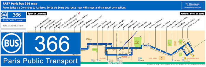 Paris bus 366 map with stops and connections