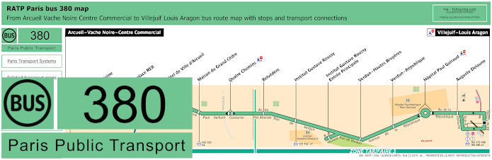 Paris bus 380 map with stops and connections