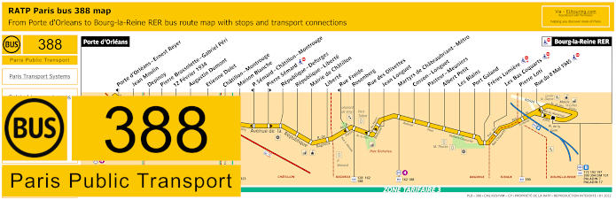 Paris bus 388 map with stops and connections