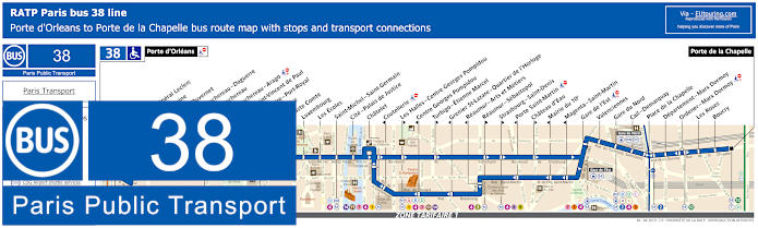 Paris bus 38 map with stops and connections