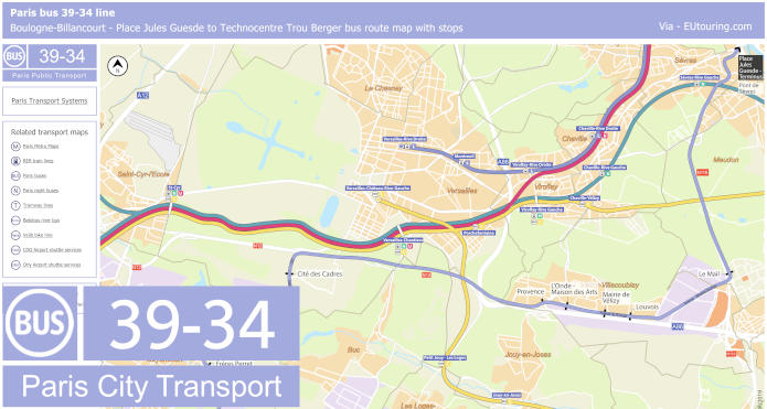 Paris bus line 39-34 map with stops
