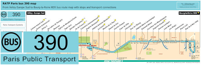 Paris bus 390 map with stops and connections