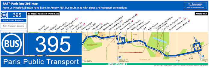 Paris bus 395 map with stops and connections