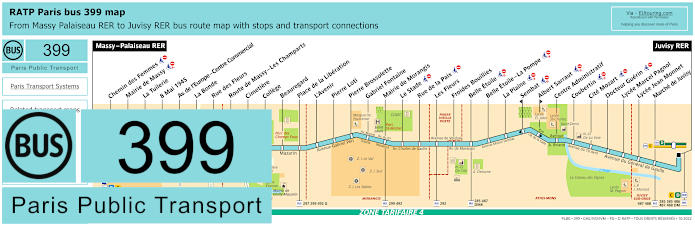 Paris bus 399 map with stops and connections