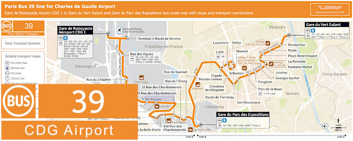 Paris Bus 39 map from CDG airport to Gare du Vert Galant