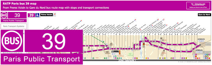 Paris bus 39 map with stops and connections