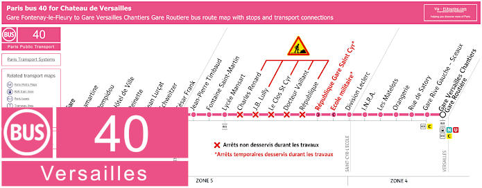 Paris bus 40 map Versailles with stops and connections