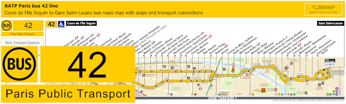 Paris bus 42 map with stops and connections