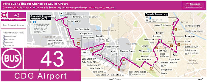 Paris Bus 43 map from CDG airport to Gare de Sevran Livry