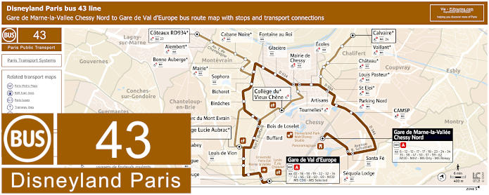 Disneyland Paris bus 43 map with stops and connections