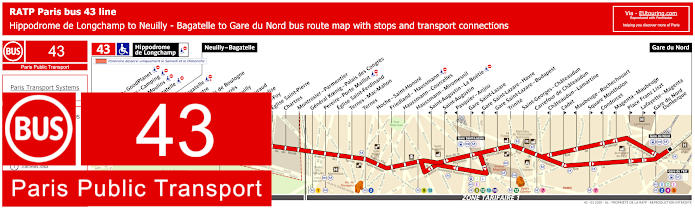 Paris Bus line 43 map with stops