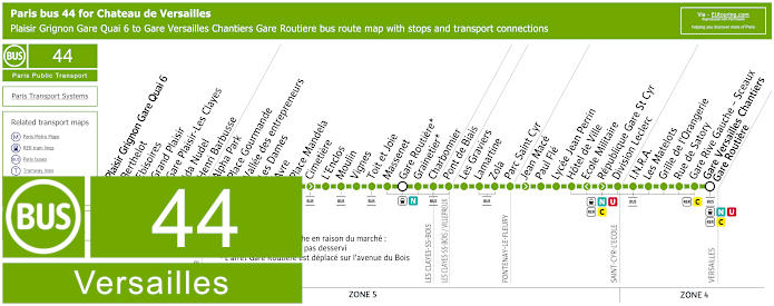 Paris bus 44 map Versailles with stops and connections