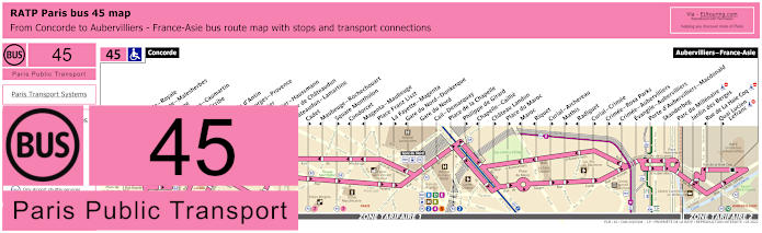 Paris bus 45 map with stops and connections