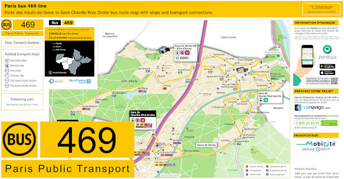 Paris bus 469 map with stops and connections