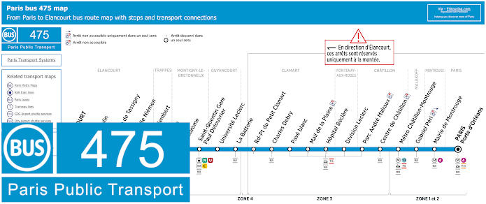 Paris bus 475 map with stops and connections