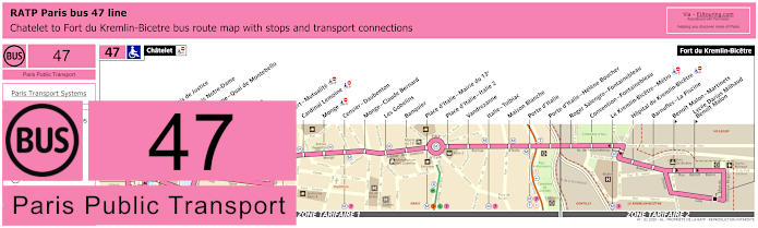 Paris bus 47 map with stops and connections