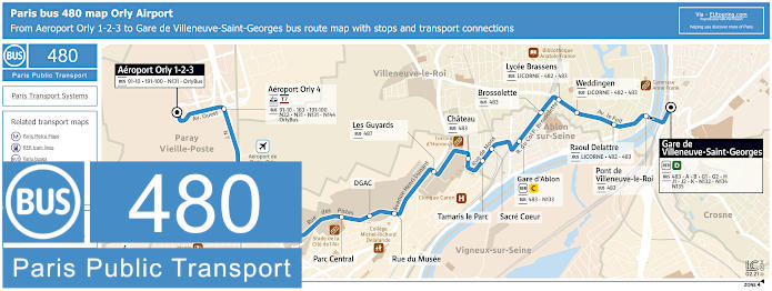 Paris Orly Airport bus 480 map with stops and connections