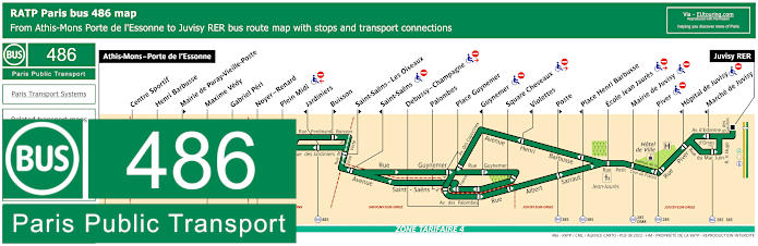 Paris bus 486 map with stops and connections