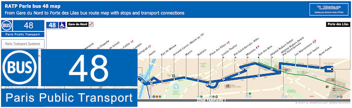 Paris bus 48 map with stops and connections