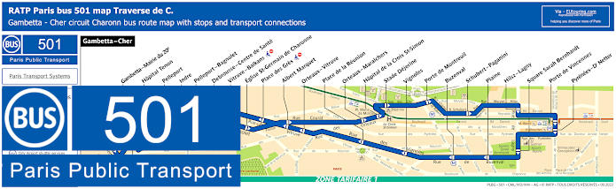 Paris bus 501 map Charonn with stops and connections