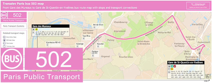 Transdev Paris bus 502 map with stops and connections