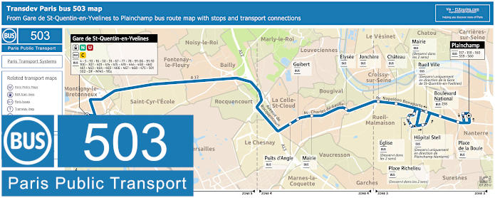 Transdev Paris bus 503 map with stops and connections