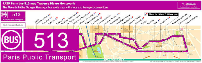 Paris bus 513 map with stops and connections