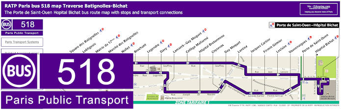 Paris bus 518 map with stops and connections