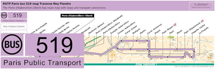 Paris bus 519 map with stops and connections