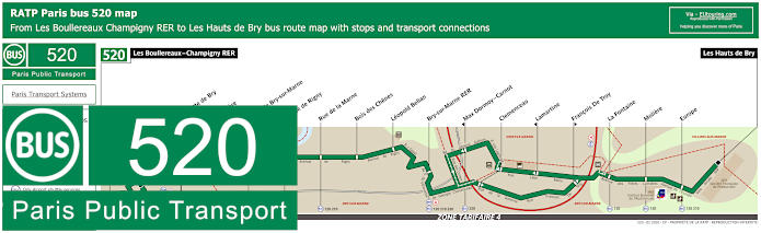 Paris bus 520 map with stops and connections