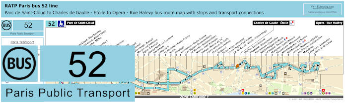 Paris bus 52 map with stops and connections