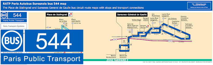 Paris Autobus Suresnois bus 544 map with stops and connections